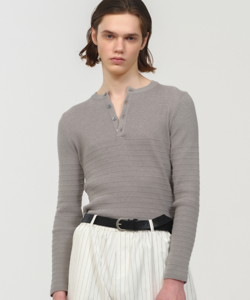 UNISEX, Stripe Henley Neck Knit / Gray