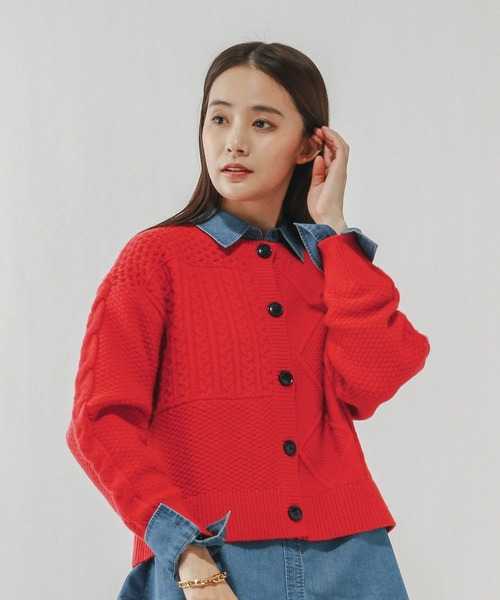 GLOBAL WORK(グローバルワーク)の「パッチワーク風ケーブルカーディガン/608406(カーディガン/ボレロ・レディース・ライトグレー/レッド/ネイビー・MEDIUM/LARGE)」の15枚目の写真