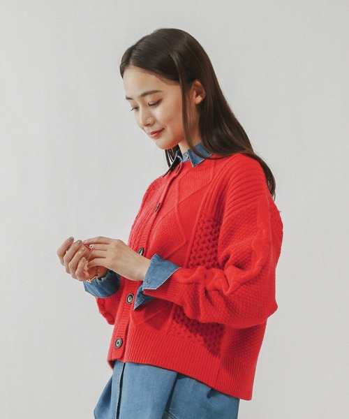 GLOBAL WORK(グローバルワーク)の「パッチワーク風ケーブルカーディガン/608406(カーディガン/ボレロ・レディース・ライトグレー/レッド/ネイビー・MEDIUM/LARGE)」の16枚目の写真