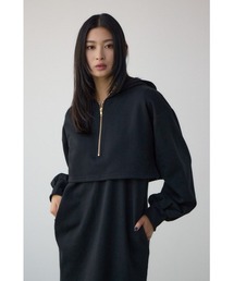 レイヤード風裏起毛フーディーワンピース 春服 冬服 秋服 長袖 スウェット パーカー ハーフジップ