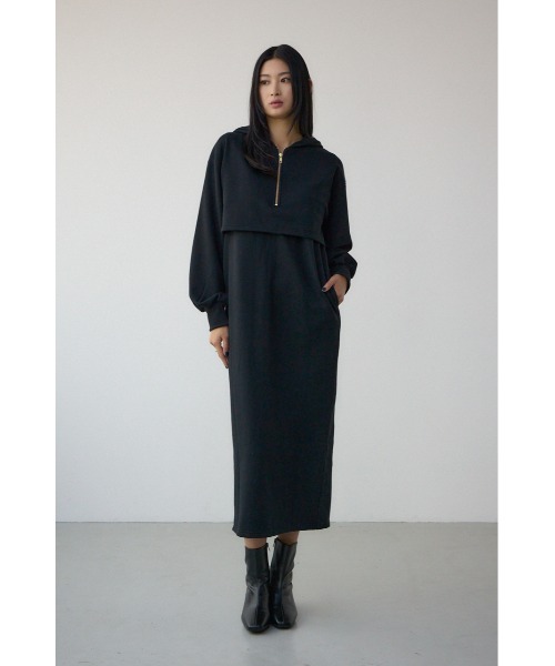 AZUL by moussy(アズールバイマウジー)の「レイヤード風裏起毛フーディーワンピース 春服 冬服 秋服 長袖 スウェット パーカー ハーフジップ(ワンピース・レディース・杢グレー/ブラック・MEDIUM/SMALL)」の4枚目の写真