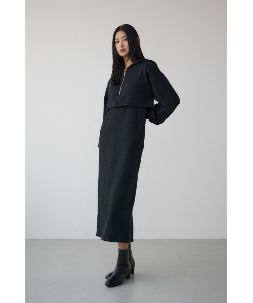 AZUL by moussy(アズールバイマウジー)の「レイヤード風裏起毛フーディーワンピース 春服 冬服 秋服 長袖 スウェット パーカー ハーフジップ(ワンピース・レディース・杢グレー/ブラック・MEDIUM/SMALL)」の5枚目の写真