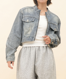 GOLDPERCENT（ゴールドパーセント）の「ウィメンズルック レーシングヴィンテージウォッシングクロップ2WAYジッパーバイカー デニムジャケット(2COLOR)（デニムジャケット）」