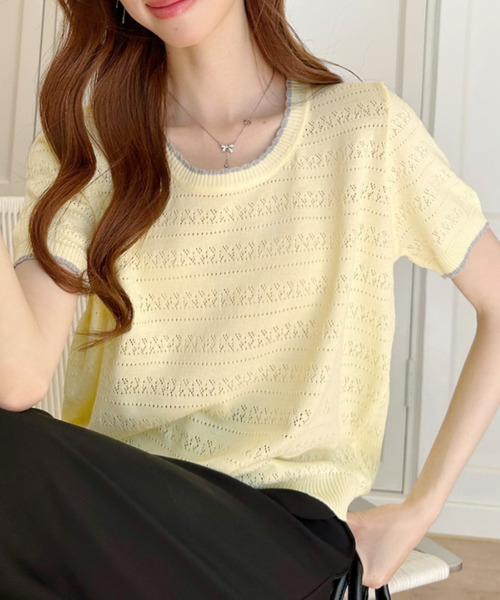 Ada.(エイダ)の「配色デザイン 透かし編み 半袖 ニット カットソー(Tシャツ/カットソー・レディース・アイボリー/イエロー/ブルー・FREE)」の2枚目の写真