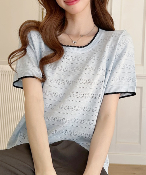 Ada.(エイダ)の「配色デザイン 透かし編み 半袖 ニット カットソー(Tシャツ/カットソー・レディース・アイボリー/イエロー/ブルー・FREE)」の5枚目の写真
