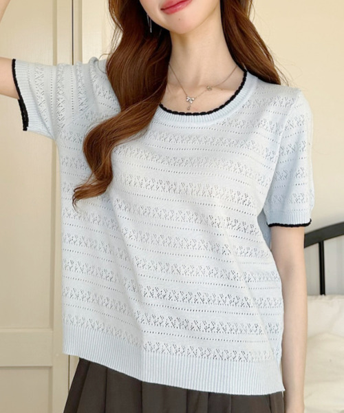 Ada.(エイダ)の「配色デザイン 透かし編み 半袖 ニット カットソー(Tシャツ/カットソー・レディース・アイボリー/イエロー/ブルー・FREE)」の13枚目の写真