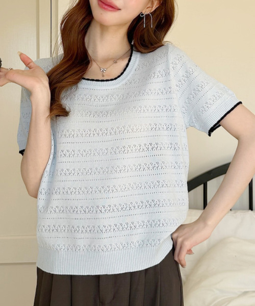 Ada.(エイダ)の「配色デザイン 透かし編み 半袖 ニット カットソー(Tシャツ/カットソー・レディース・アイボリー/イエロー/ブルー・FREE)」の14枚目の写真