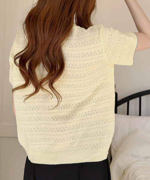 Ada.(エイダ)の「配色デザイン 透かし編み 半袖 ニット カットソー(Tシャツ/カットソー・レディース・アイボリー/イエロー/ブルー・FREE)」の17枚目の写真