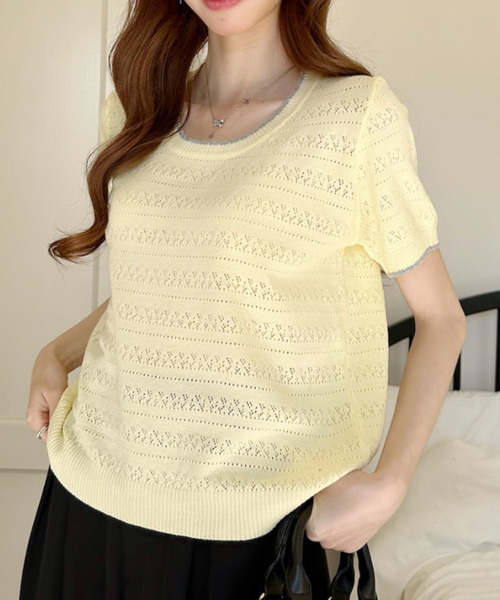 Ada.(エイダ)の「配色デザイン 透かし編み 半袖 ニット カットソー(Tシャツ/カットソー・レディース・アイボリー/イエロー/ブルー・FREE)」の7枚目の写真