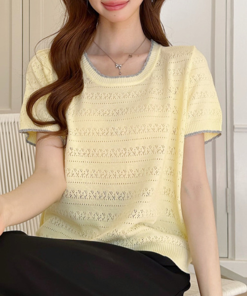 Ada.(エイダ)の「配色デザイン 透かし編み 半袖 ニット カットソー(Tシャツ/カットソー・レディース・アイボリー/イエロー/ブルー・FREE)」の8枚目の写真