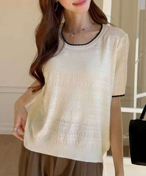 Ada.(エイダ)の「配色デザイン 透かし編み 半袖 ニット カットソー(Tシャツ/カットソー・レディース・アイボリー/イエロー/ブルー・FREE)」の10枚目の写真
