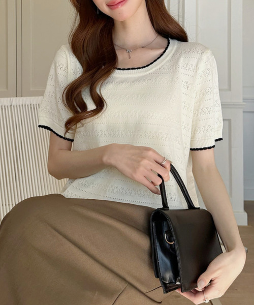 Ada.(エイダ)の「配色デザイン 透かし編み 半袖 ニット カットソー(Tシャツ/カットソー・レディース・アイボリー/イエロー/ブルー・FREE)」の11枚目の写真