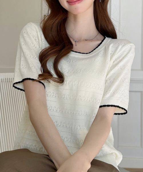 Ada.(エイダ)の「配色デザイン 透かし編み 半袖 ニット カットソー(Tシャツ/カットソー・レディース・アイボリー/イエロー/ブルー・FREE)」の18枚目の写真