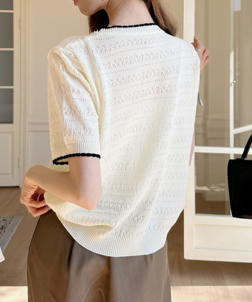 Ada.(エイダ)の「配色デザイン 透かし編み 半袖 ニット カットソー(Tシャツ/カットソー・レディース・アイボリー/イエロー/ブルー・FREE)」の19枚目の写真
