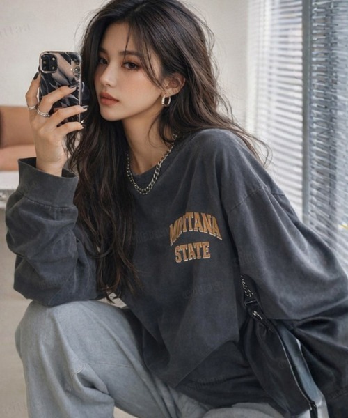 Dalfwin（ダールフィン）の「MONTANAヴィンテージプリント長袖Tシャツ（Tシャツ/カットソー・レディース・チャコールグレー/ベージュ・FREE）」の17枚目の写真