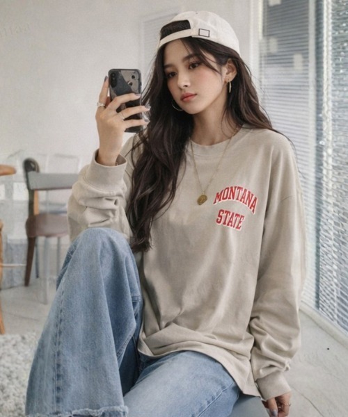 Dalfwin（ダールフィン）の「MONTANAヴィンテージプリント長袖Tシャツ（Tシャツ/カットソー・レディース・チャコールグレー/ベージュ・FREE）」の8枚目の写真