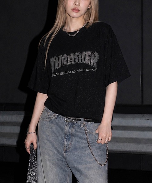THRASHER(スラッシャー)の「【at】〔THRASHER/スラッシャー〕ラメ総柄 ラインストーンロゴ 半袖Tシャツ シュート丈展開有り(Tシャツ/カットソー・メンズ・ブラック/ホワイト/ピンク・FREE/MEDIUM/LARGE)」の15枚目の写真