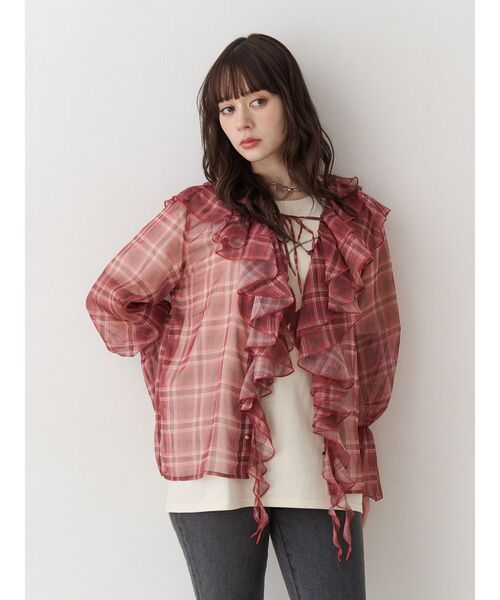 jouetie(ジュエティ)の「ラッフルフリルシアーシャツ(シャツ/ブラウス・レディース・グレー/ブラック/レッド・MEDIUM)」の4枚目の写真