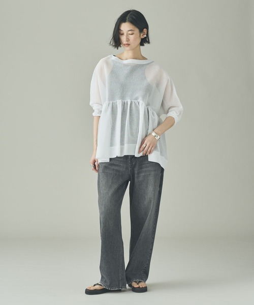 Curensology（カレンソロジー）の「Curensology(カレンソロジー)/シアーギャザーニットプルオーバー（ニット/セーター・レディース・ホワイト/ブラック/ライトピンク・FREE）」の7枚目の写真