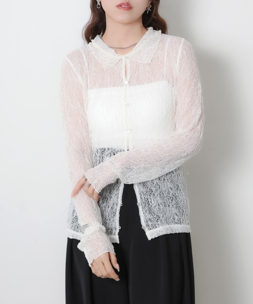 Riberry(リベリー)の「シアーレースシャツトップス(シャツ/ブラウス・レディース・オフホワイト/ブラック・MEDIUM)」の1枚目の写真