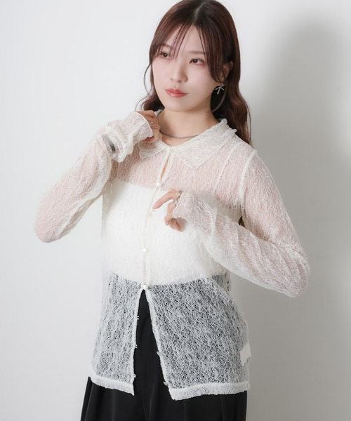 Riberry(リベリー)の「シアーレースシャツトップス(シャツ/ブラウス・レディース・オフホワイト/ブラック・MEDIUM)」の10枚目の写真