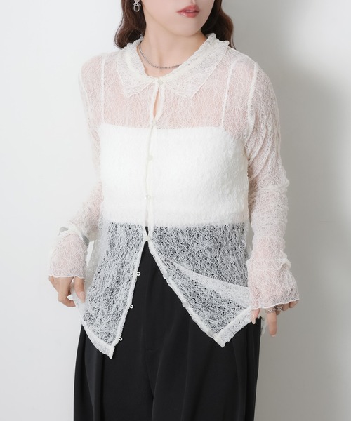 Riberry(リベリー)の「シアーレースシャツトップス(シャツ/ブラウス・レディース・オフホワイト/ブラック・MEDIUM)」の12枚目の写真