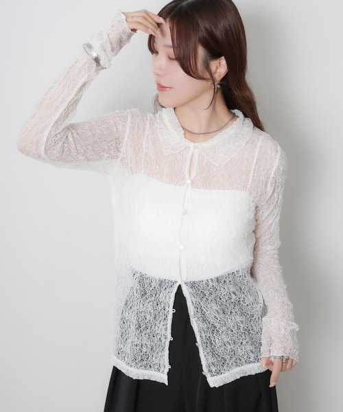 Riberry(リベリー)の「シアーレースシャツトップス(シャツ/ブラウス・レディース・オフホワイト/ブラック・MEDIUM)」の4枚目の写真
