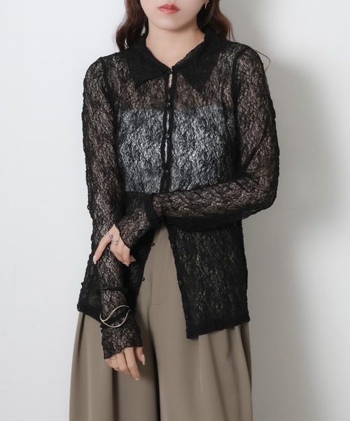 Riberry(リベリー)の「シアーレースシャツトップス(シャツ/ブラウス・レディース・オフホワイト/ブラック・MEDIUM)」の7枚目の写真