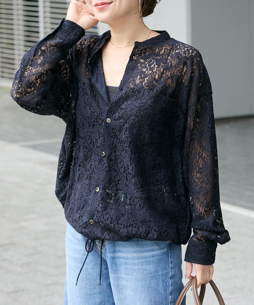 JOURNAL STANDARD(ジャーナルスタンダード)の「《WEB限定追加2》スタンドカラーレースロングスリーブブラウス(シャツ/ブラウス・レディース・ホワイト/ネイビー・FREE)」の2枚目の写真