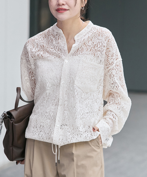 JOURNAL STANDARD(ジャーナルスタンダード)の「《WEB限定追加2》スタンドカラーレースロングスリーブブラウス(シャツ/ブラウス・レディース・ホワイト/ネイビー・FREE)」の7枚目の写真