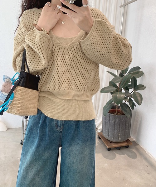 by LEGNA(バイレグナ)の「メッシュニットトップス×キャミソール2点セット(Tシャツ/カットソー・レディース・ホワイト/ダークブラウン/ベージュ/モカ・FREE)」の3枚目の写真