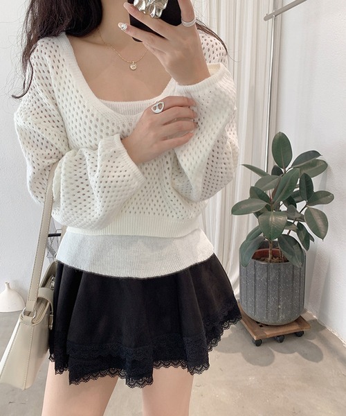 by LEGNA(バイレグナ)の「メッシュニットトップス×キャミソール2点セット(Tシャツ/カットソー・レディース・ホワイト/ダークブラウン/ベージュ/モカ・FREE)」の5枚目の写真