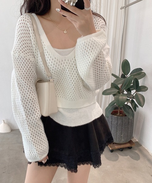 by LEGNA(バイレグナ)の「メッシュニットトップス×キャミソール2点セット(Tシャツ/カットソー・レディース・ホワイト/ダークブラウン/ベージュ/モカ・FREE)」の6枚目の写真