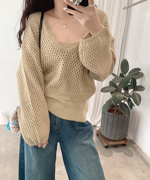 by LEGNA(バイレグナ)の「メッシュニットトップス×キャミソール2点セット(Tシャツ/カットソー・レディース・ホワイト/ダークブラウン/ベージュ/モカ・FREE)」の11枚目の写真