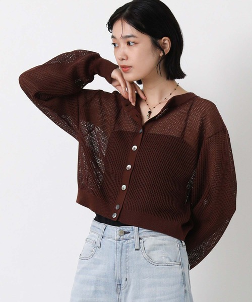 Gready Brilliant（グレディブリリアン）の「メッシュクルーパフカーディガン（カーディガン/ボレロ・レディース・ブラウン/オフホワイト・FREE）」の2枚目の写真