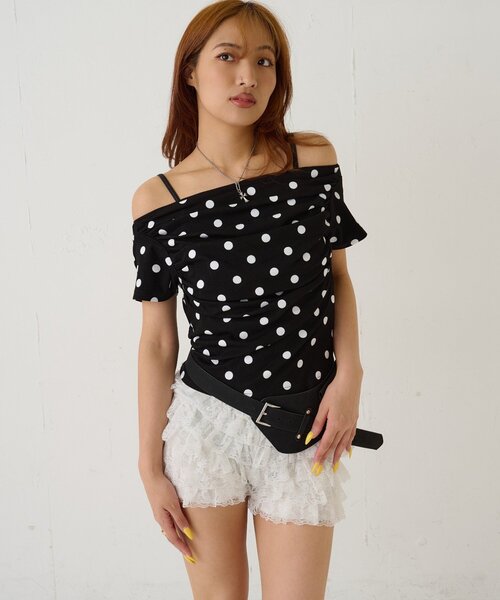 WHO'S WHO gallery（フーズフーギャラリー）の「ギャザーオフショルドットトップス（Tシャツ/カットソー・レディース・オフホワイト/ブラック・FREE）」の10枚目の写真