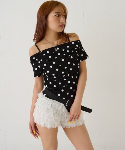 WHO'S WHO gallery（フーズフーギャラリー）の「ギャザーオフショルドットトップス（Tシャツ/カットソー・レディース・オフホワイト/ブラック・FREE）」の12枚目の写真