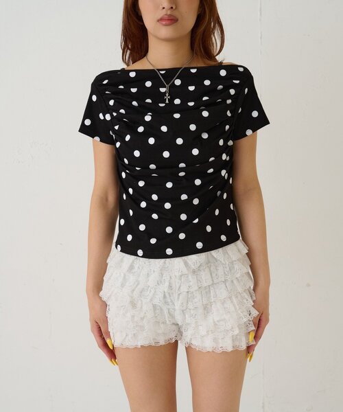 WHO'S WHO gallery（フーズフーギャラリー）の「ギャザーオフショルドットトップス（Tシャツ/カットソー・レディース・オフホワイト/ブラック・FREE）」の16枚目の写真