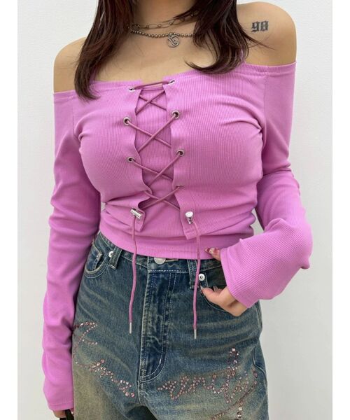 EVRIS（エヴリス）の「2WAYリブアンサンブルオフショルトップス（Tシャツ/カットソー・レディース・ホワイト/ピンク・FREE）」の5枚目の写真