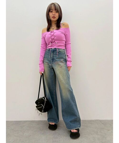 EVRIS（エヴリス）の「2WAYリブアンサンブルオフショルトップス（Tシャツ/カットソー・レディース・ホワイト/ピンク・FREE）」の11枚目の写真