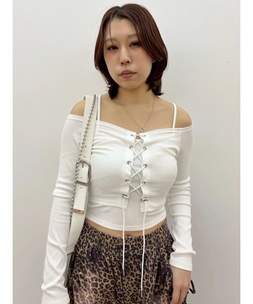 EVRIS（エヴリス）の「2WAYリブアンサンブルオフショルトップス（Tシャツ/カットソー・レディース・ホワイト/ピンク・FREE）」の12枚目の写真