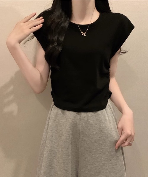 NoBelle(ノベル)の「フレンチスリーブTシャツ ノースリーブカットソー(Tシャツ/カットソー・レディース・ブラック/ホワイト/カーキ・L/M)」の2枚目の写真