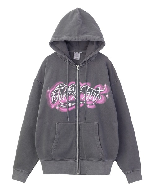 X-girl（エックスガール）の「LETTERING SPRAY LOGO ZIP UP SWEAT HOODIE（パーカー・レディース・ブラック/オリーブ/ブラウン・S/M）」の2枚目の写真