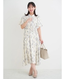 【大きいサイズ】花柄フレアスリーブシャツワンピース