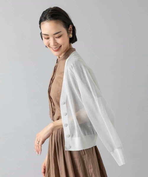 MICHEL KLEIN（ミッシェル・クラン）の「[ドライタッチ]シアーラメVネックカーディガン（カーディガン/ボレロ・レディース・ライトグレー/ブラック・38/40）」の11枚目の写真