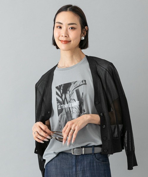 MICHEL KLEIN（ミッシェル・クラン）の「[ドライタッチ]シアーラメVネックカーディガン（カーディガン/ボレロ・レディース・ライトグレー/ブラック・38/40）」の2枚目の写真