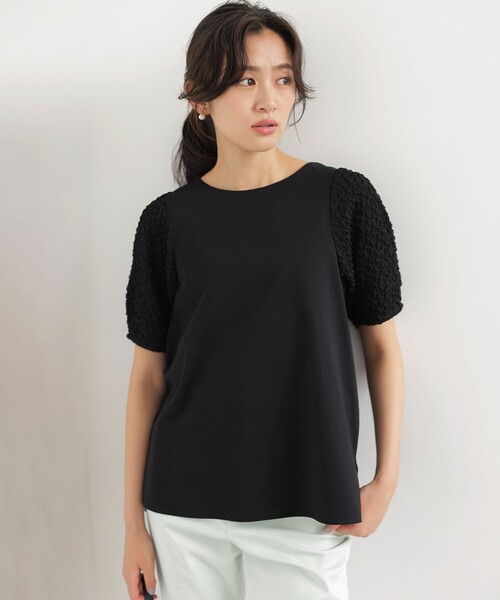 組曲(クミキョク)の「パフジャカードコンビジャージー パフスリーブカットソー(Tシャツ/カットソー・レディース・グレー系/グリーン系/ホワイト系/ブラック系・2/3)」の2枚目の写真