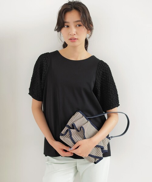 組曲(クミキョク)の「パフジャカードコンビジャージー パフスリーブカットソー(Tシャツ/カットソー・レディース・グレー系/グリーン系/ホワイト系/ブラック系・2/3)」の5枚目の写真