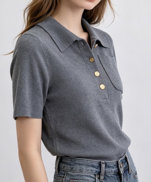 Miniministore(ミニミニストア)の「半袖ニットtシャツ ポロカットソー韓国風(Tシャツ/カットソー・レディース・ダークグレー/ブラック・FREE)」の1枚目の写真