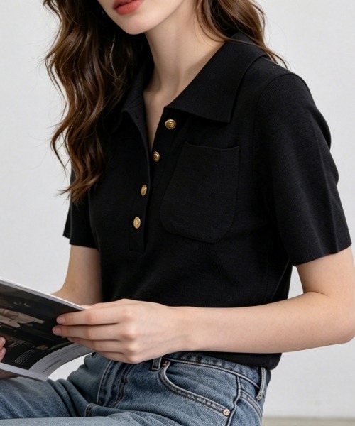 Miniministore(ミニミニストア)の「半袖ニットtシャツ ポロカットソー韓国風(Tシャツ/カットソー・レディース・ダークグレー/ブラック・FREE)」の2枚目の写真